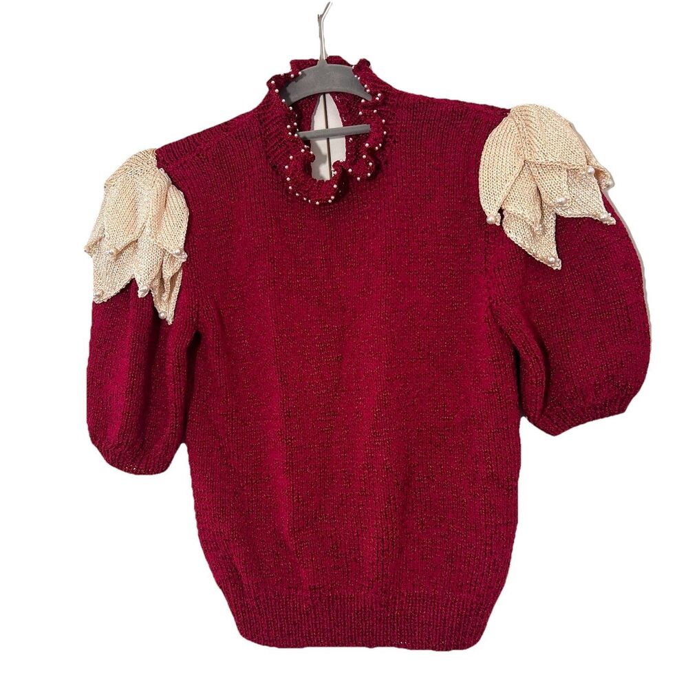 Vintage Hand Knit Sweater‎ Womens S Cropped Beaded Puff Sleeve Renaissance
